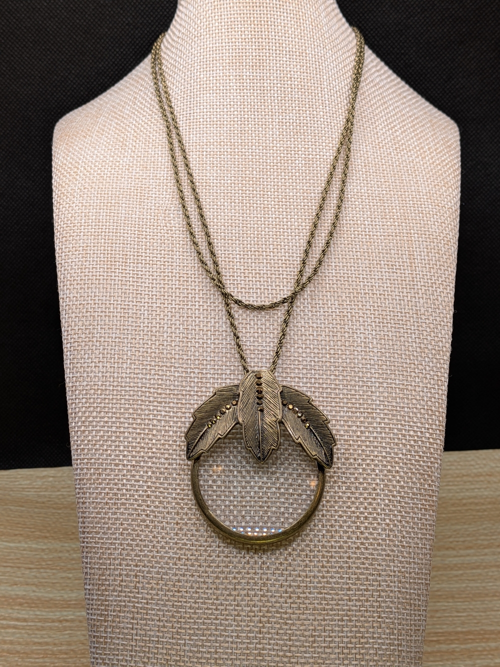 Bronze Feather Magnifying Glass Circle Pendant Necklace
